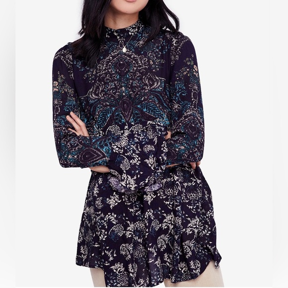 Free People Lady Luck Printed Tunic in Blue Combo - Picture 4 of 7